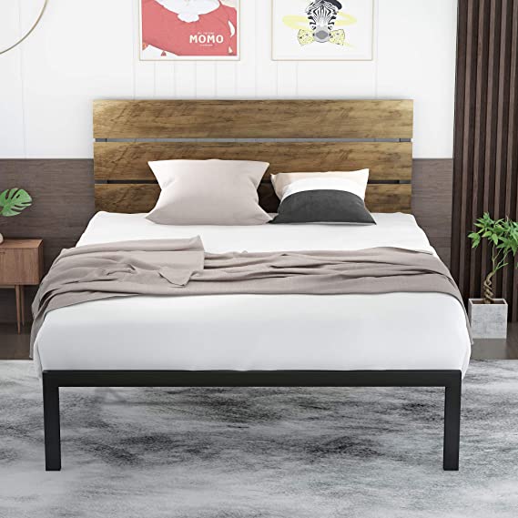 Allewie Twin Size Platform Bed Frame with Wood headboard and Metal Slats/Rustic Country Style Mattress Foundation/Box Spring Optional/Strong Metal Slats Support/Easy Assembly