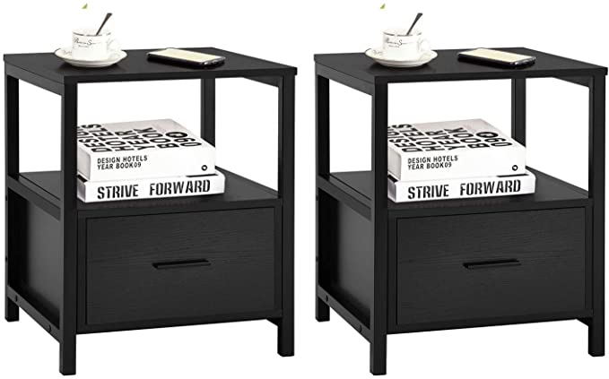 VECELO Nightstand Set of 2 with Drawer and Open Shelf Modern Square End Side Table for Storage in Bedroom, Living Room, Small Space, Stable Metal Frame, Black, 2 Pack