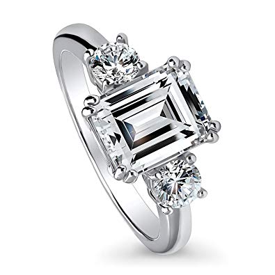 BERRICLE Rhodium Plated Sterling Silver Emerald Cut Cubic Zirconia CZ 3-Stone Anniversary Promise Engagement Ring 3.12 CTW