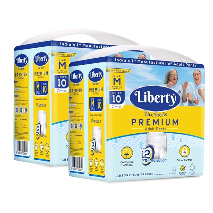 Liberty Premium Adult Diaper Pants, Medium (M) Size, 20 Count, Waist Size (61-115cm | 24-45 inches), Unisex, Leak Proof, Extra Elastics, High Absorbency, 12 Hrs protection, Pack of 2, 10 count/pack