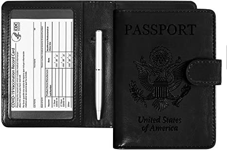 ACdream Passport and Vaccine Card Holder Combo, Cover Case with CDC Vaccination Card Slot, Leather Travel Documents Organizer Protector, with RFID Blocking, for Women and Men, Black