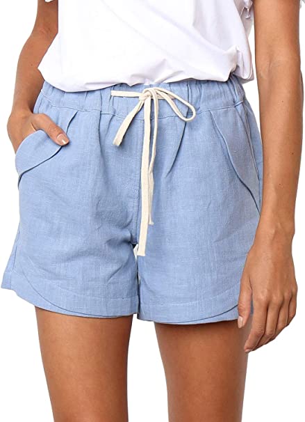 Dokotoo Womens Casual Drawstring Elastic Waist Comfy Cotton Linen Shorts