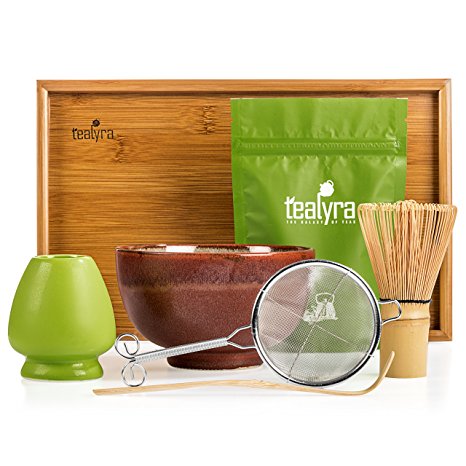 Tealyra - Matcha - Connoisseur Ceremony Start Up Kit - Complete Matcha Green Tea Gift Set - Imperial Matcha Tea Powder - Japanese Made Red Bowl - Bamboo Whisk Scoop and Tray - Holder - Sifter