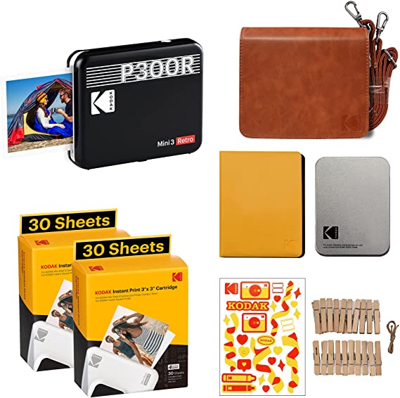 Kodak Mini 3 Retro 3x3” Portable Photo Printer Accessory Gift Bundle, Compatible with iOS, Android & Bluetooth Device, Real Photo 4PASS Technology & Laminating Process, Photos – Black