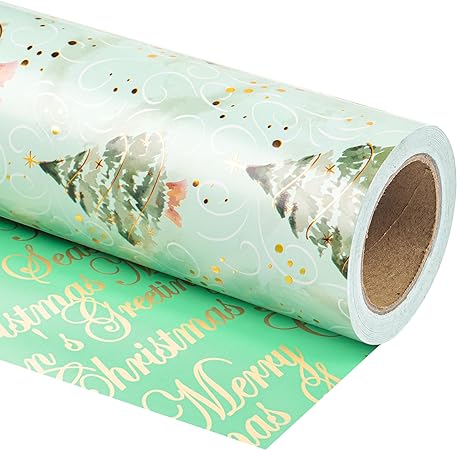 WRAPAHOLIC Reversible Christmas Wrapping Paper - Mini Roll - 17 Inch X 33 Feet - Watercolor Green Christmas Tree and Merry Christmas with Metallic Foil Shine for Holiday, Party, Celebration