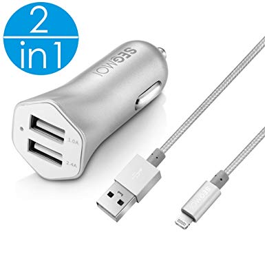 2in1 [Apple MFi Certified] 3Ft/1M Lightning Cable Nylon Braided Cord   3.4A Dual USB Port Car Phone Charger Adapter Compatible With iPhone XS Max XR X 8 7 Plus 5 5s 5c SE 6 6S iPad 2 3 4 Air Pro Mini (Silver Kit)