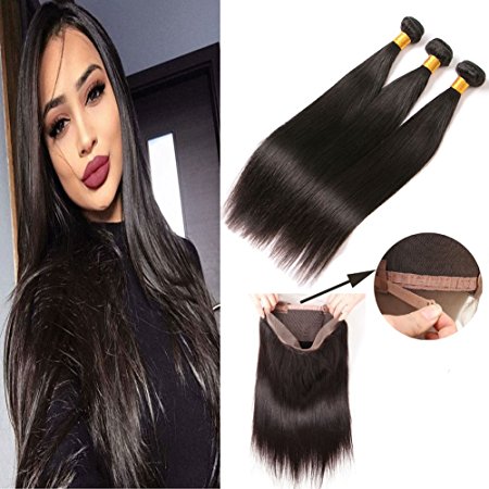 360 Lace Frontal with Bundles Brazilian Straight Hair Pre Plucked Band Grade 7A Unprocessed Virgin Human Hair Sew In Extensions Natural Color for Black Women 20 22 24   18 Inches