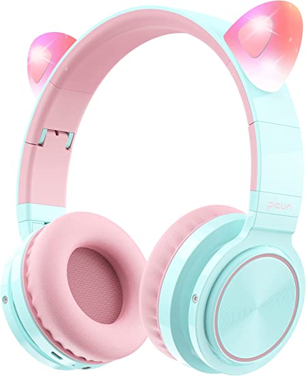 Picun Bluetooth Kids Headphones with Microphone, Cat Ear Wireless & Wired 85dB Volume Limited Multi-Function Girl Headphones, Built-in Flashing LED, Foldable for School Study Home Travel - Mint Pink