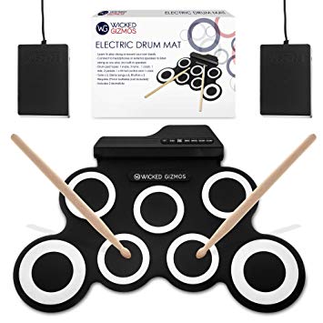WICKED GIZMOS ® Electric Drum Mat – Portable Roll Up Digital Music Pad Instrument for Beginners and Children - Learn to Play and Record your Own Beats – Digital Snare Tom Crash Ride Pedal Sticks