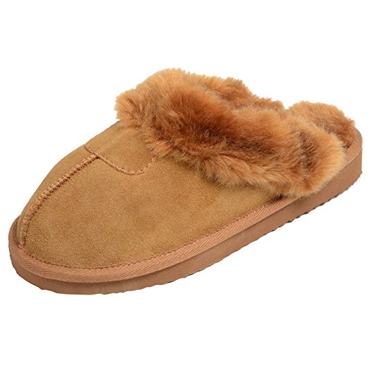 Ladies' EGO Snugg Suede Mule Slippers With Faux Fur Trim & Lining
