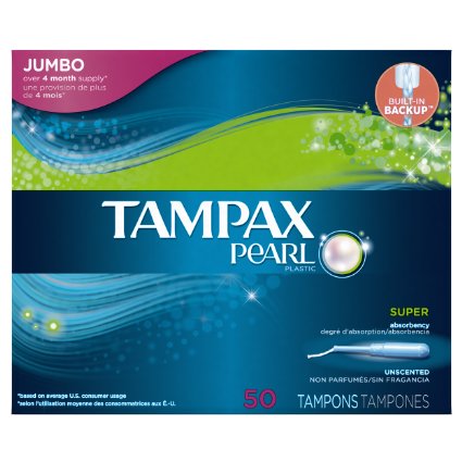 Tampax Pearl Plastic Tampons, Super Absorbency, Unscented, 50 Count
