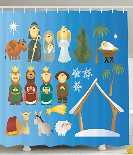 Christian Gifts Nativity Set Decoration Theme Birth of Jesus Christian Faith Bible Cartoon Holy Figures Traditional Art Marry Joseph Illustration Fabric Shower Curtain Blue Green White Brown