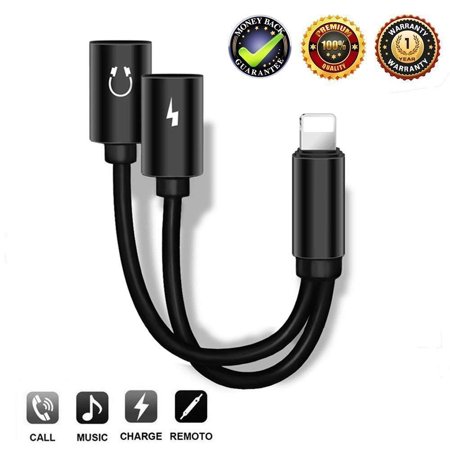 2-in-1 Lightning Splitter Adapter for iPhone XS/ XS Max/XR/X/8/8 Plus/7/7 Plus. Compatible IOS 10 or Later, Double lightning ports for dual Lightning Headphone Audio & Charge Adapter (Black)