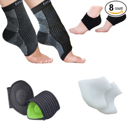 Foot Sleeve (1 Pair), Plantar Fasciitis Silicone Gel Heel Protectors (1 Pair), Arch Support Therapy Wrap (1 Pair) & Cushioned Arch Support (1 Pair) - (Pack of 8)
