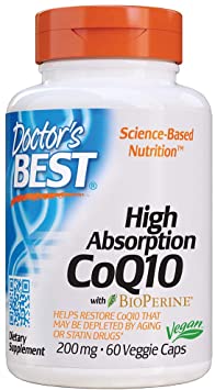 Doctor's Best High Absorption CoQ10 with BioPerine, Gluten Free, Naturally Fermented, Vegan, Heart Health and Energy Production, 200 mg 60 Veggie Caps