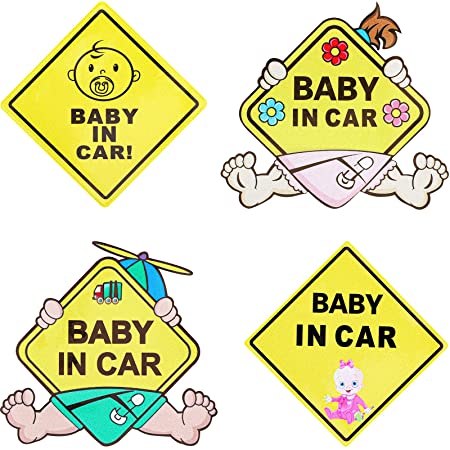 4 Piece Baby Board Car Stickers Baby in Car Sign Decal Self-Adhesive Safety Stickers Reflective Kids Safety Warning Signs for Car Door Bumper Rear Window