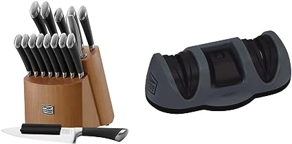 Chicago Cutlery Fusion 17 Piece Kitchen Knife Set with Wooden Storage Block & Dual Stage Knife Sharpener with Fine and Coarse Sharpening and Suction Bottom, Compact Knife Sharpener, Black