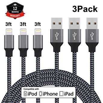Tobig iphone Charger, Lightning to USB Cable Nylon Braided Charging Cord 3Pack 3ft Compatible with iPhone 7/7 Plus/6/6s/6 plus/6s plus, iPhone 5/5s/5c,iPad, iPod & More (Black)