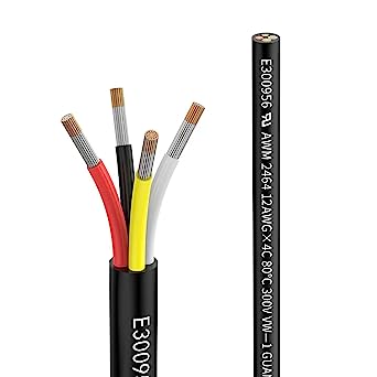 Matugajp 12awg 4 Wire Cable 12/4 Electrical Wire 4 Core Extension Cable 20 feet UL2464 DC 5V/12V/24V/300V 12 Gauge Oxygen Free Stranded Tinned Copper Wire