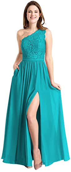 Now and Forever Women's One Shoulder Slit Bridesmaid Dress Long Lace Chiffon Formal Prom Gowns with Pockets