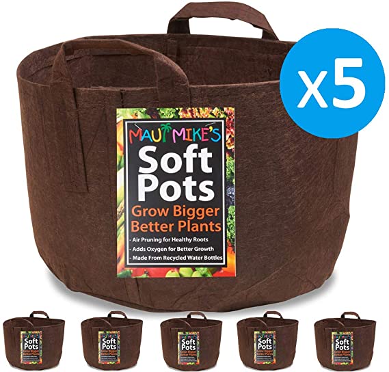Soft POTS (7 Gallon) (5 Pack) Best Aeration Grow Pots and Grown Bags from Maui Mike's. Sewn Handles for Easy Moving. Grow Bigger Healthier Tomatoes,Herbs and Veggies. Eco Friendly.
