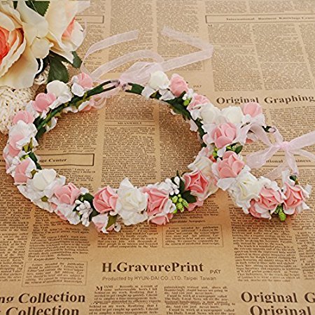 Meiliy Bridal Flower Garland Crown Flower Headband Hair Wreath Halo with Flower Wrist Corsage for Wedding Festivals (PINK)