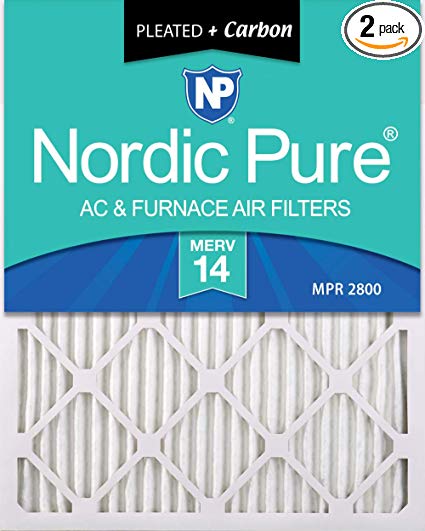 Nordic Pure 16x25x1 MERV 14 Plus Carbon Pleated AC Furnace Air Filters, 16x25x1M14 C-2, 2 Piece