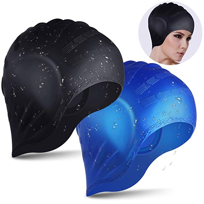 EocuSun 2 Pack Swimming Cap Solid Silicone Swim Caps Ear Protection for Short or Long Hair Fit Women Men Adult Youths