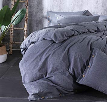 Sleepbella Duvet Cover Queen, 3 Piece Washed Cotton Duvet Cover Set with Buttons (Queen, Gray)