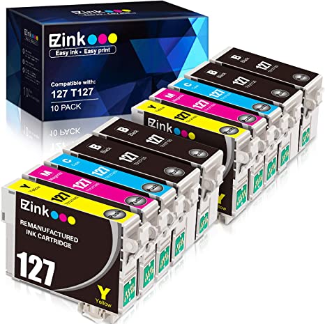 E-Z Ink (TM) Remanufactured Ink Cartridge Replacement for Epson 127 T127 to use with NX530 625 WF-3520 WF-3530 WF-3540 WF-7010 WF-7510 7520 545 645 (4 Large Black, 2 Cyan, 2 Magenta, 2 Yellow) 10Pack