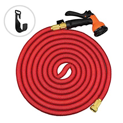 Yoctosun 50 Feet Expanding Hose, Strongest Expandable Garden Water Hose with Shut Off Valve Solid Brass Connector and 8-pattern Spray Nozzle, 2016 design(50 Feet, Red)