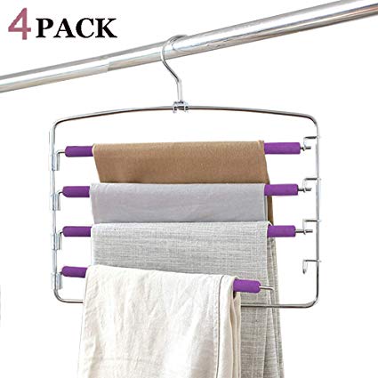 Clothes Pants Hangers 4pack - Multi Layers Metal Pant Slack Hangers,Foam Padded Swing Arm Pants Hangers Closet Storage Organizer for Pants Jeans Scarf Hanging (Purple-4pack)
