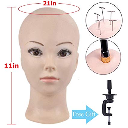 Professional Cosmetology Bald Mannequin Head Manikin Model Doll Head for Make Up, Making Wigs, Wigs,Glasses,Hair with Free Clamp