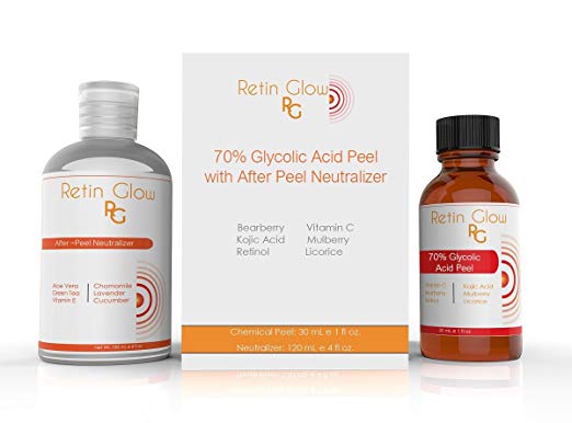 Glycolic Acid 70% Chemical Peel With After Peel Neutralizer. Acne Treatment Medium Strength Facial Peel Contains Retinol Vitamin C Kojic Acid Mulberry Bearberry