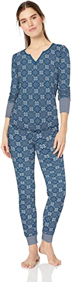 Amazon Brand - Mae Women's Vintage Thermal Henley Long Sleeve Top with Jogger Pajama Set