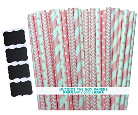 Outside the Box Papers Light Pink Stripe, Polka Dot Chevron Paper Straws 7.75 Inches 100 Pack Light Pink, White