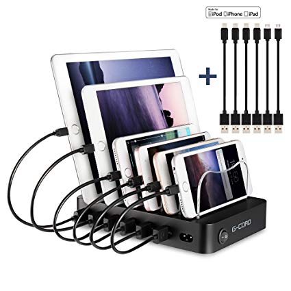 G-Cord 6 Port Multiport USB Charging Station, Detachable Desktop Docking Station for Smartphone & Tablet   Lightning Cable (4 Pack) and Micro USB Cable (2 Pack)