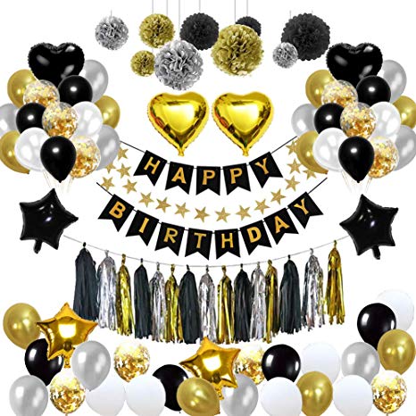 Birthday Decorations, Puchod Birthday Party Decoration Kit 99pcs Happy Birthday Confetti Balloons with Paper Pom Pom Black and Gold for 13th 16th 18th 21st 30th 40th 50th 60th 70th 18th Party Supplies