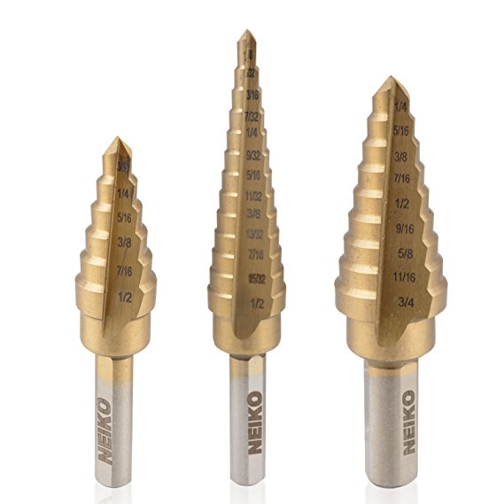 Neiko 10193A Titanium Step Drill Bit Set, High Speed Steel | 3-Piece Set | Total 28 Sizes