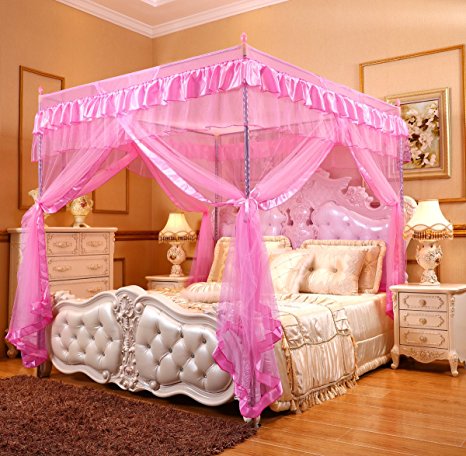 Pink Princess 4 Corners Post Bed Curtain Canopy Mosquito Netting (Twin)