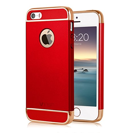 iPhone 5S case, iPhone SE Case, Vansin 3 In 1 Ultra Thin and Slim Hard Case Coated Non Slip Matte Surface with Electroplate Frame for Apple iPhone 5, iPhone 5S, iPhone SE -- Red & Gold