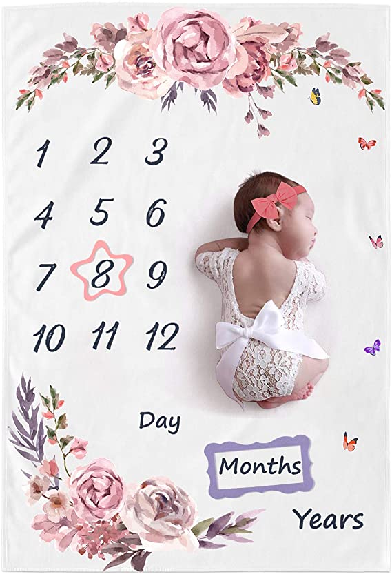 Babebay Baby Monthly Milestone Blanket Boys and Girls, Baby Photo Month Blanket for Newborn Baby, 2 Frames 1Headband,Large 60"x 40"