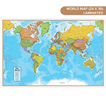 Waypoint Geographic Blue Ocean World Wall Map (24" x 36") - Current UP-to-Date - 1000's of Named Locations & Points of Interest - Rolled & Laminated - Display in Office, Classroom or Home