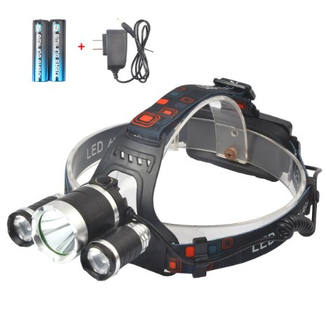 Smiling Shark 5000 Lumen Bright Headlamp Flashlight, 1 CREE T6 and 2 CREE Q5 LED Headlight Torch with Rechargeable Batteries and Charger for Outdoor Sport