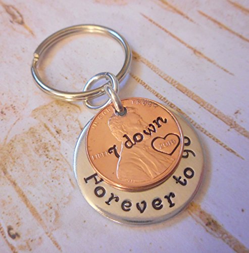 7 Year Anniversary 2010 Lucky Copper Penny with Down and Forever To Go Coin Key Chain
