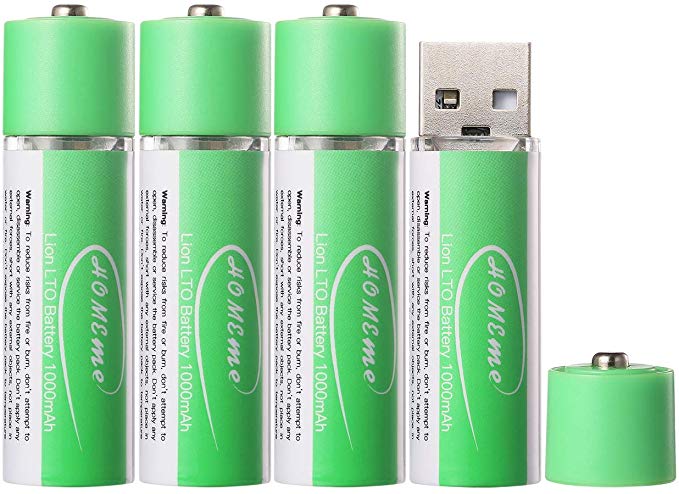 USB Rechargeable AA Lithium-ion Batteries 1.5V/1000mAH (Pack of 4) 1 Hour Fast Charging 1000 Recharge Cycles Reusable Double A Battery,UL Listed,Green