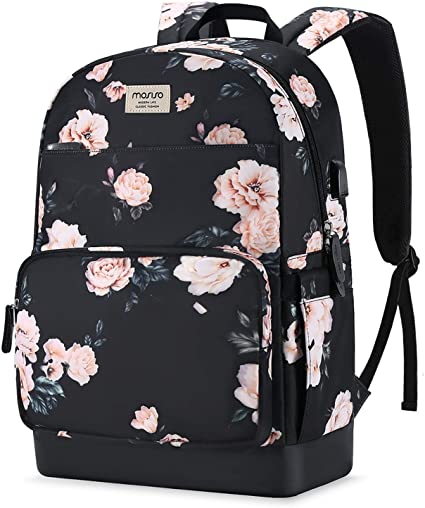 MOSISO 15.6-16 inch Laptop Backpack, Water Repellent Anti-Theft Stylish Casual Daypack Bag with Luggage Strap & USB Charging Port, Travel Business College School Bookbag for Women Girls, Apricot Peony