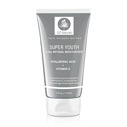 OZ Naturals - Super Youth 2.5% Retinol Moisturizer + Vegan Hyaluronic Acid + Vitamin E Clinical Strength Anti Wrinkle Moisturizer - 4oz