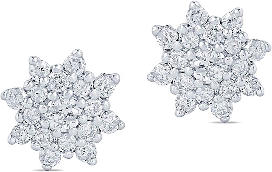 14k White Gold IGI Certified Round Cut Diamond Flower Star Cluster Stud Earrings (I1I2 Clarity, G-H Color)