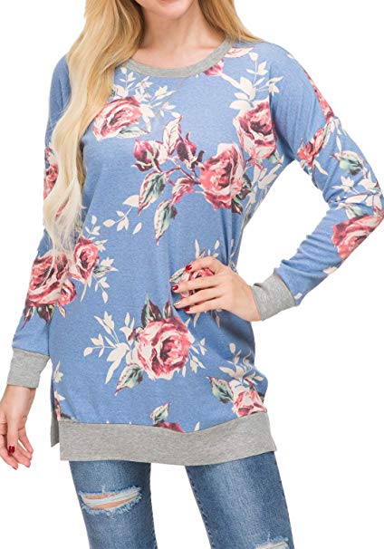 levaca Women's Fall Long Sleeve Side Split Loose Casual Pullover Tunic Tops